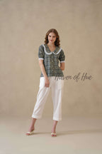 Women’s Indigo Blue Floral Cotton Summer Top with Lace Collar Detail