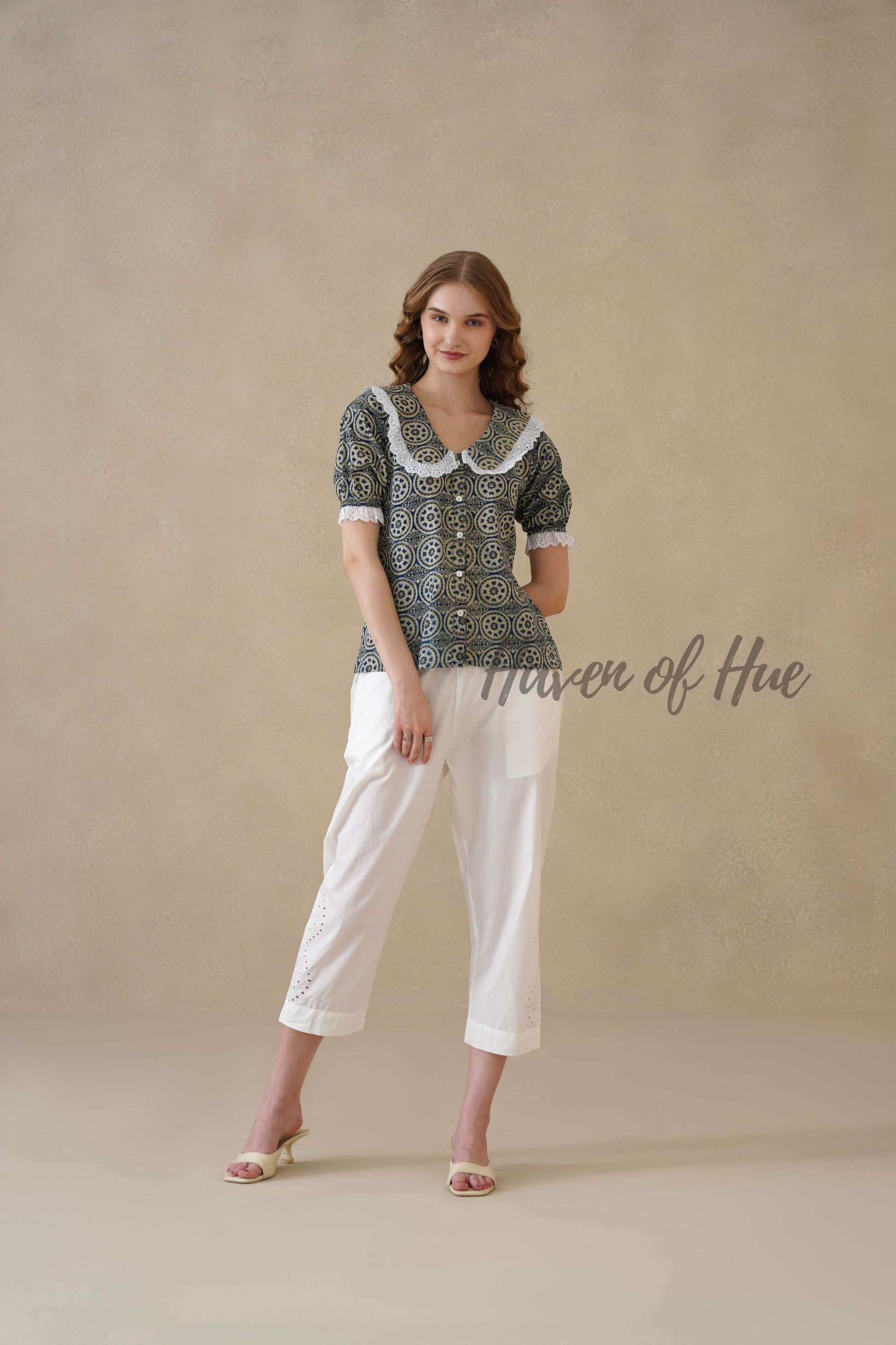 Women’s Indigo Blue Floral Cotton Summer Top with Lace Collar Detail