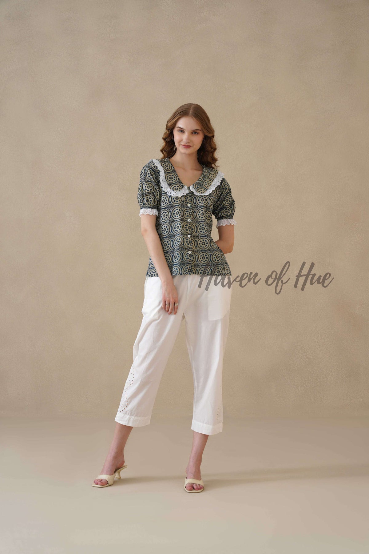 Women’s Indigo Blue Floral Cotton Summer Top with Lace Collar Detail