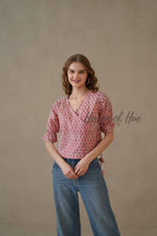 Women’s Pastel Pink Floral Cotton Wrap Blouse | Hand Block Printed Tie-Waist Top