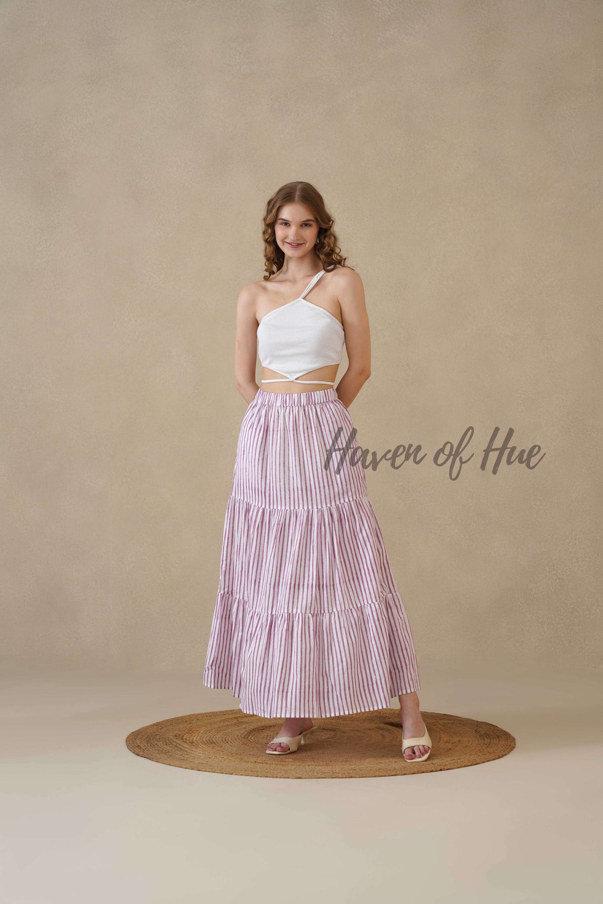Women's Pink and White Striped Cotton Boho Tiered Maxi Skirt for Summer