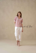Women’s Red Floral Hand Block Printed Cotton Top with Lace Collar