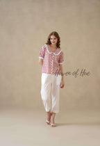 Women’s Red Floral Hand Block Printed Cotton Top with Lace Collar