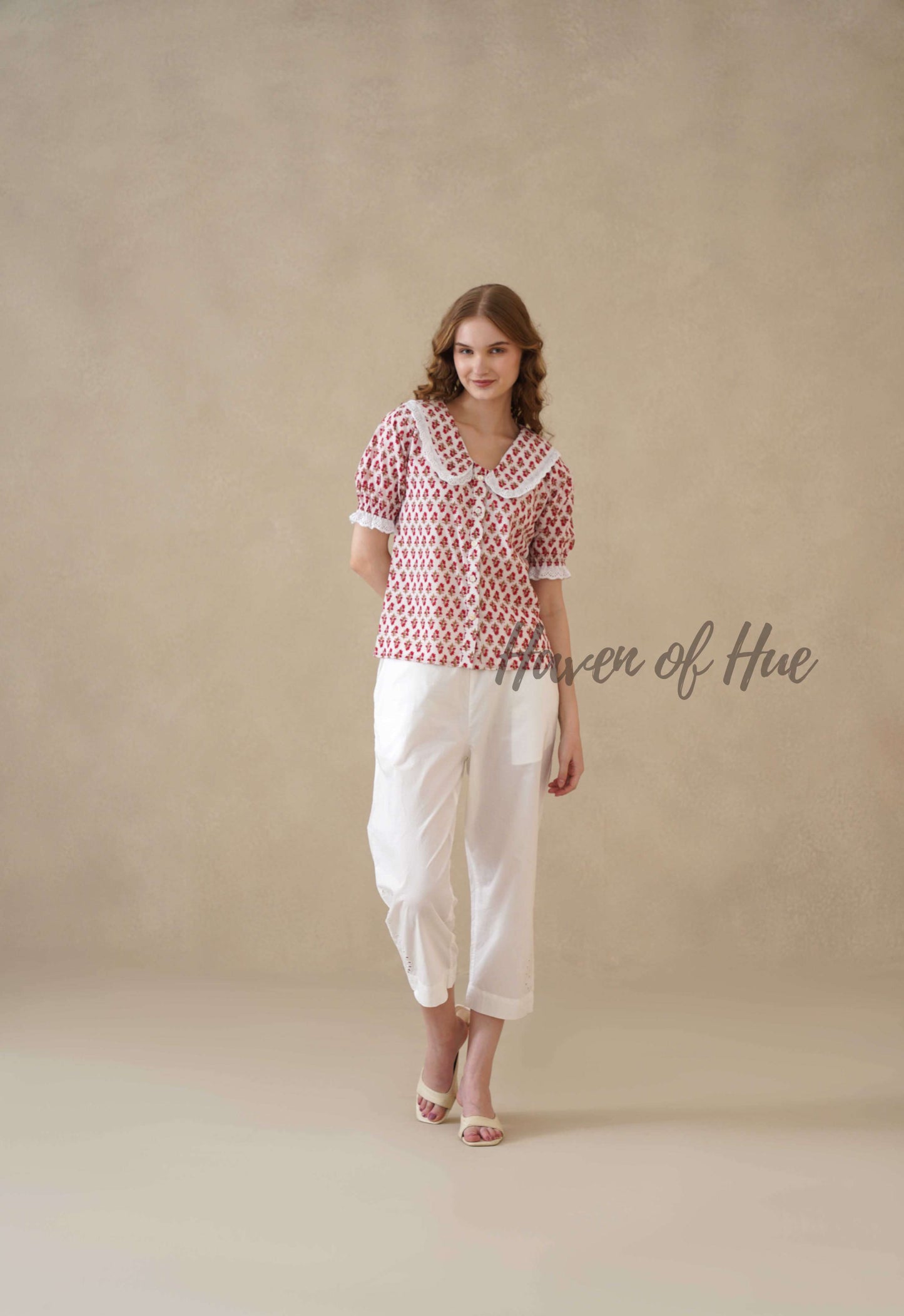 Women’s Red Floral Hand Block Printed Cotton Top with Lace Collar
