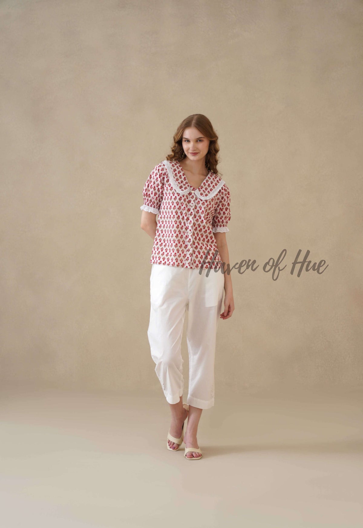 Women’s Red Floral Hand Block Printed Cotton Top with Lace Collar