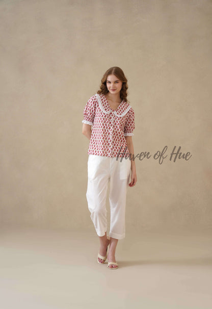 Women’s Red Floral Hand Block Printed Cotton Top with Lace Collar