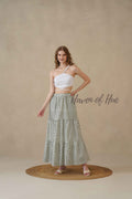 Women’s Sage Green Floral Print Cotton Boho Tiered Maxi Skirt