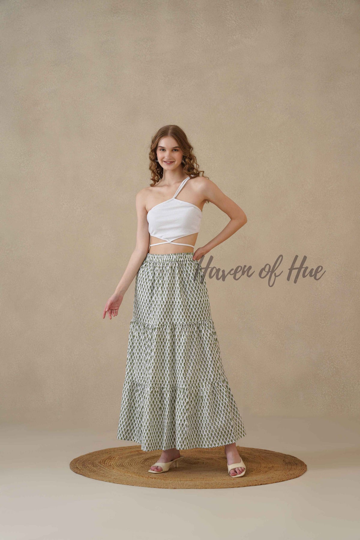 Women’s Sage Green Floral Print Cotton Boho Tiered Maxi Skirt