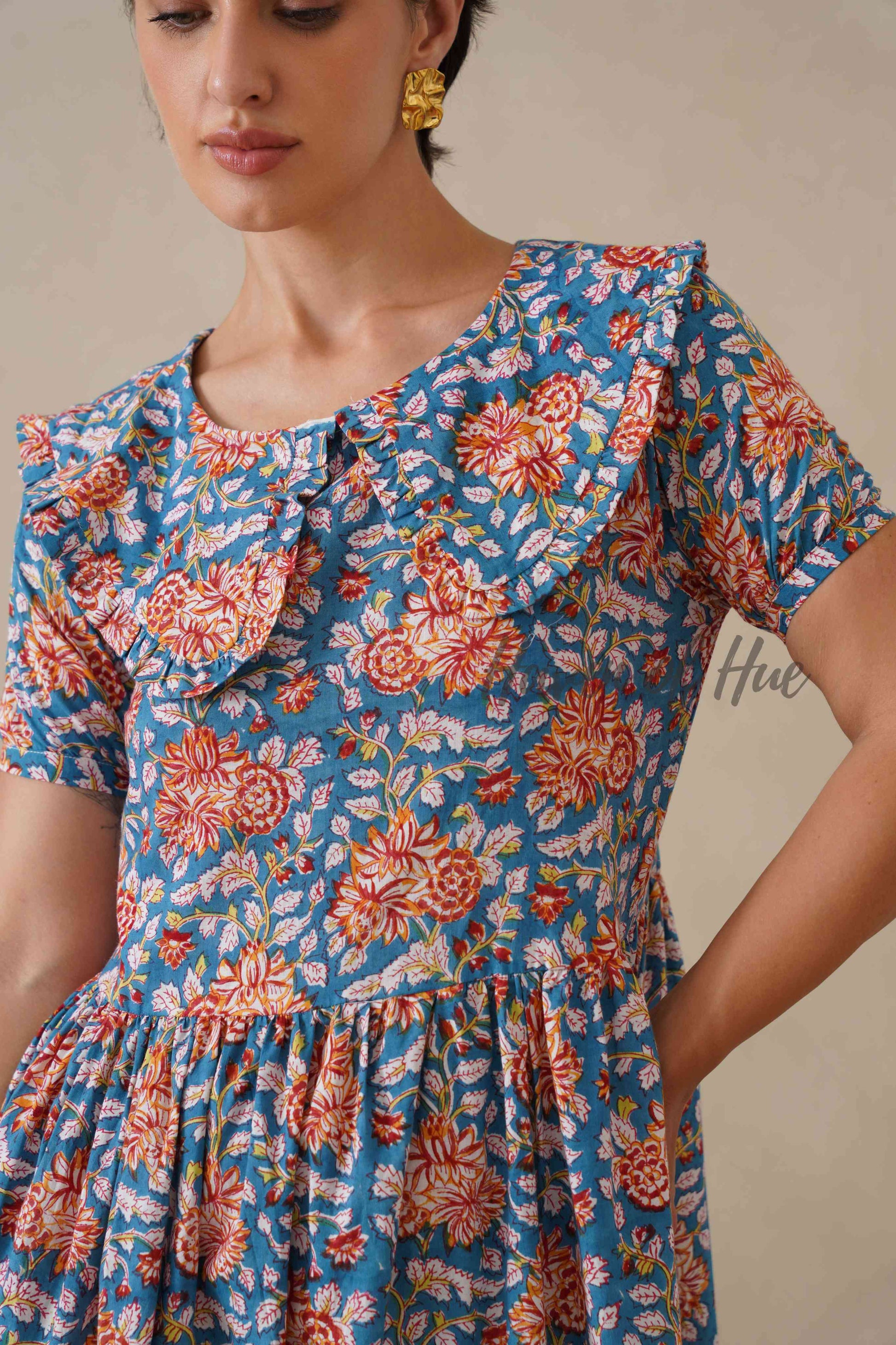 Floral Cotton Midi Dress with Short Sleeves - Vintage Boho Print Summer Day Dress for Women - Relaxed Fit Blue A-Line Dress