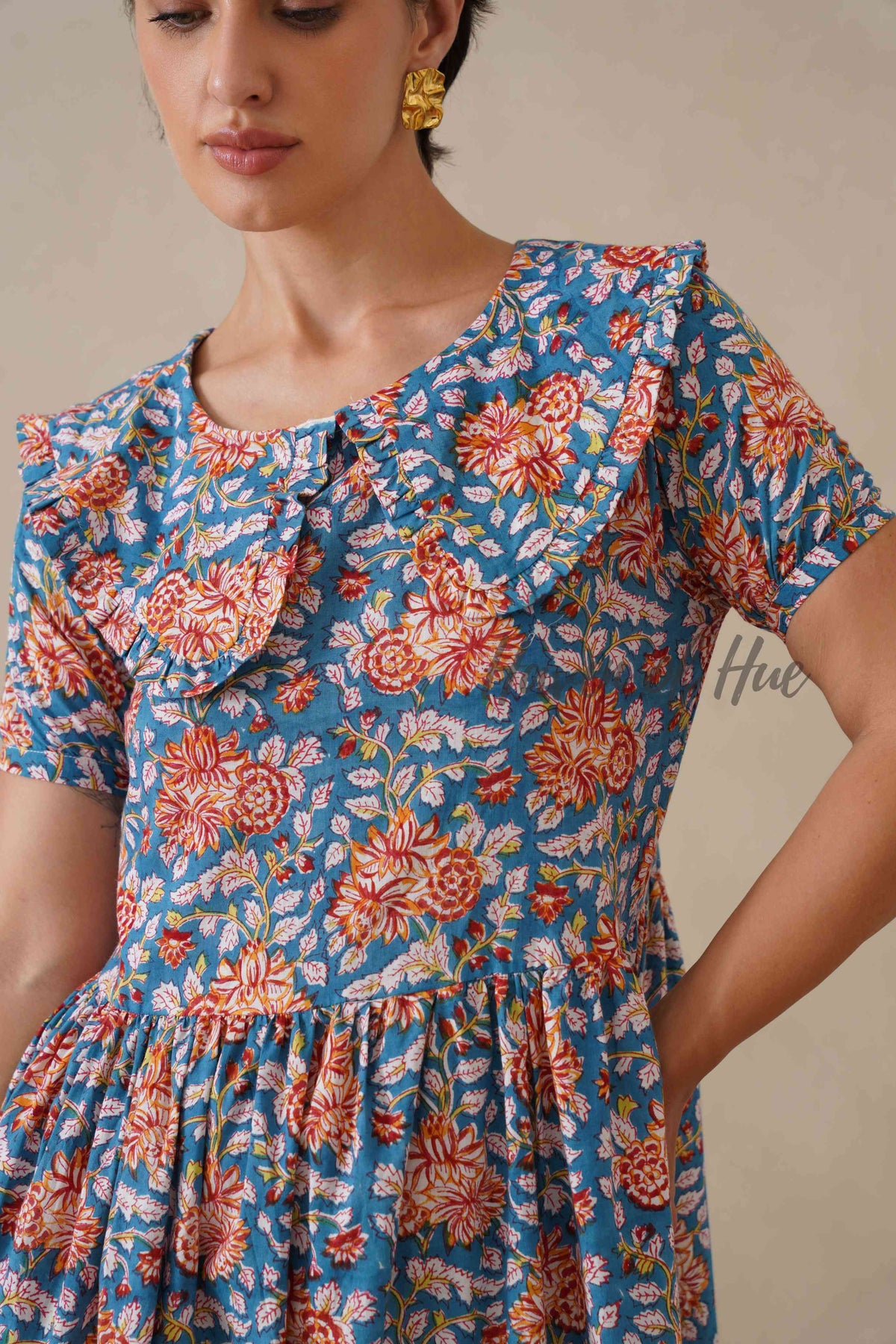 Floral Cotton Midi Dress with Short Sleeves - Vintage Boho Print Summer Day Dress for Women - Relaxed Fit Blue A-Line Dress