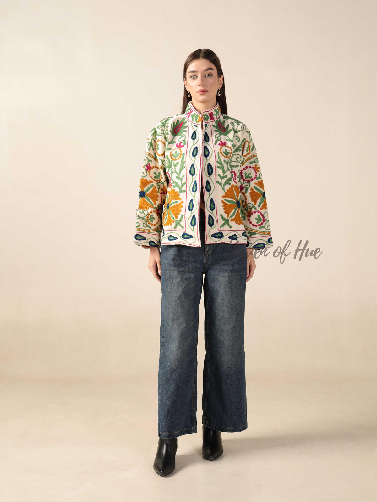 Women's Hand-Embroidered Suzani Velvet Jacket Boho Floral Artisanal Chic Outerwear