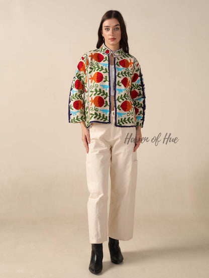 Women's White Cotton Embroidered Jacket Boho Lightweight Relaxed Fit