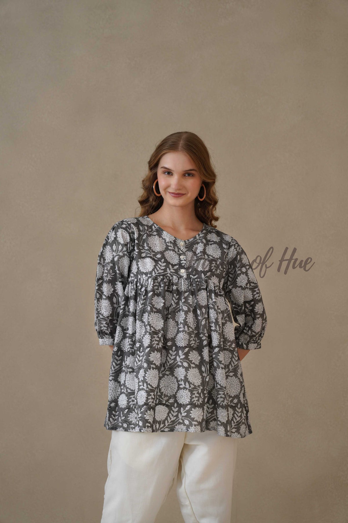Women’s Gray Floral Hand Block Printed Cotton Relaxed Boho Blouse