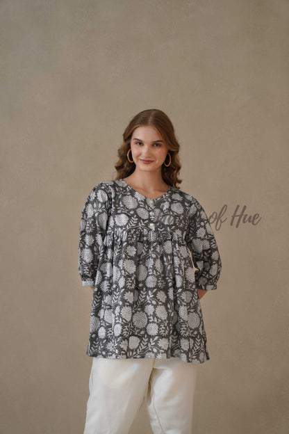 Women’s Gray Floral Hand Block Printed Cotton Relaxed Boho Blouse
