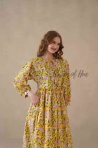 Yellow Cotton Tiered Dress Boho Floral Midi Style