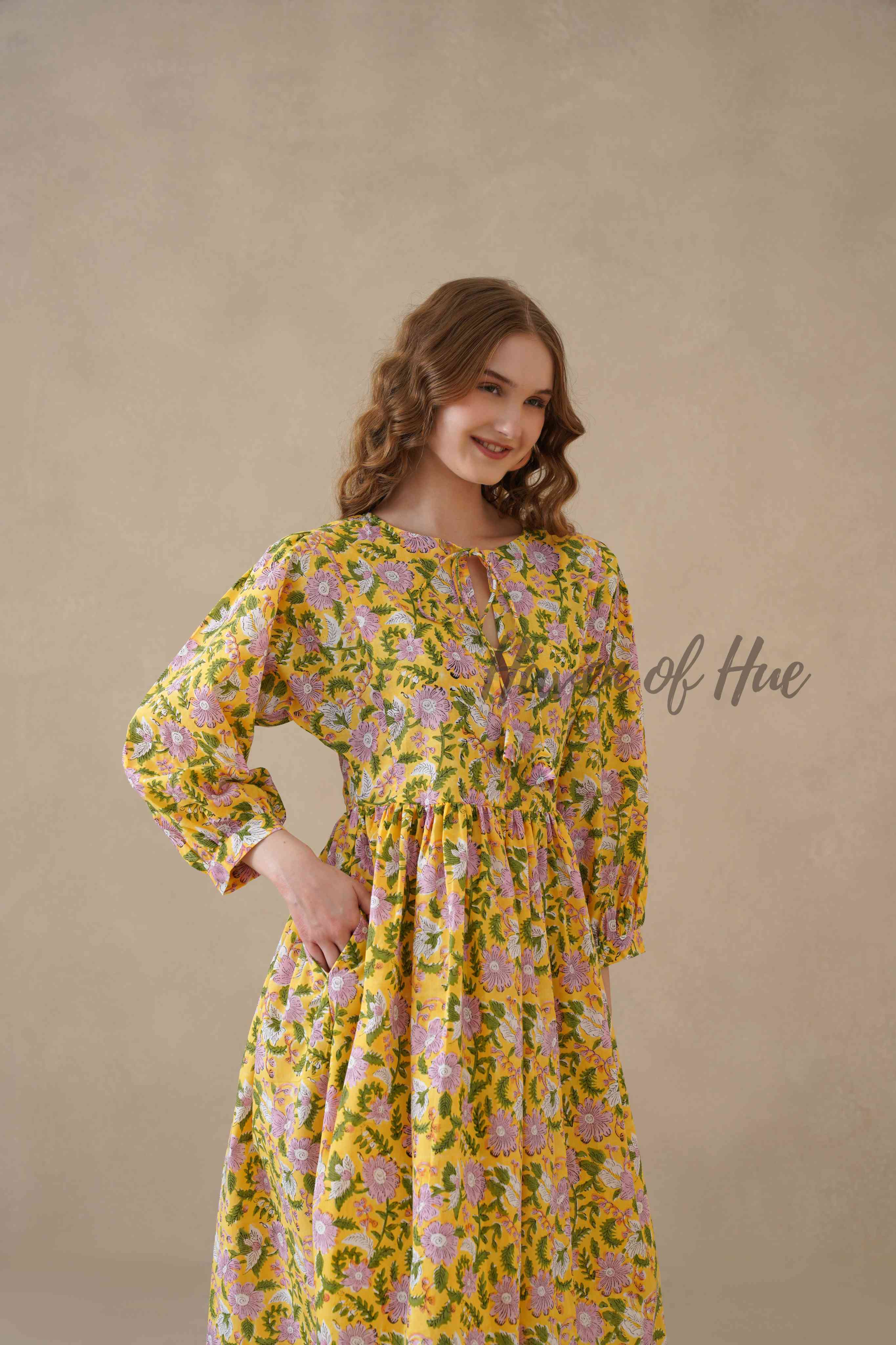 Yellow Cotton Tiered Dress Boho Floral Midi Style
