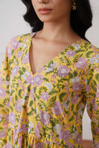Yellow Floral Cotton Midi Dress - Boho Long Sleeve Cottagecore Dress
