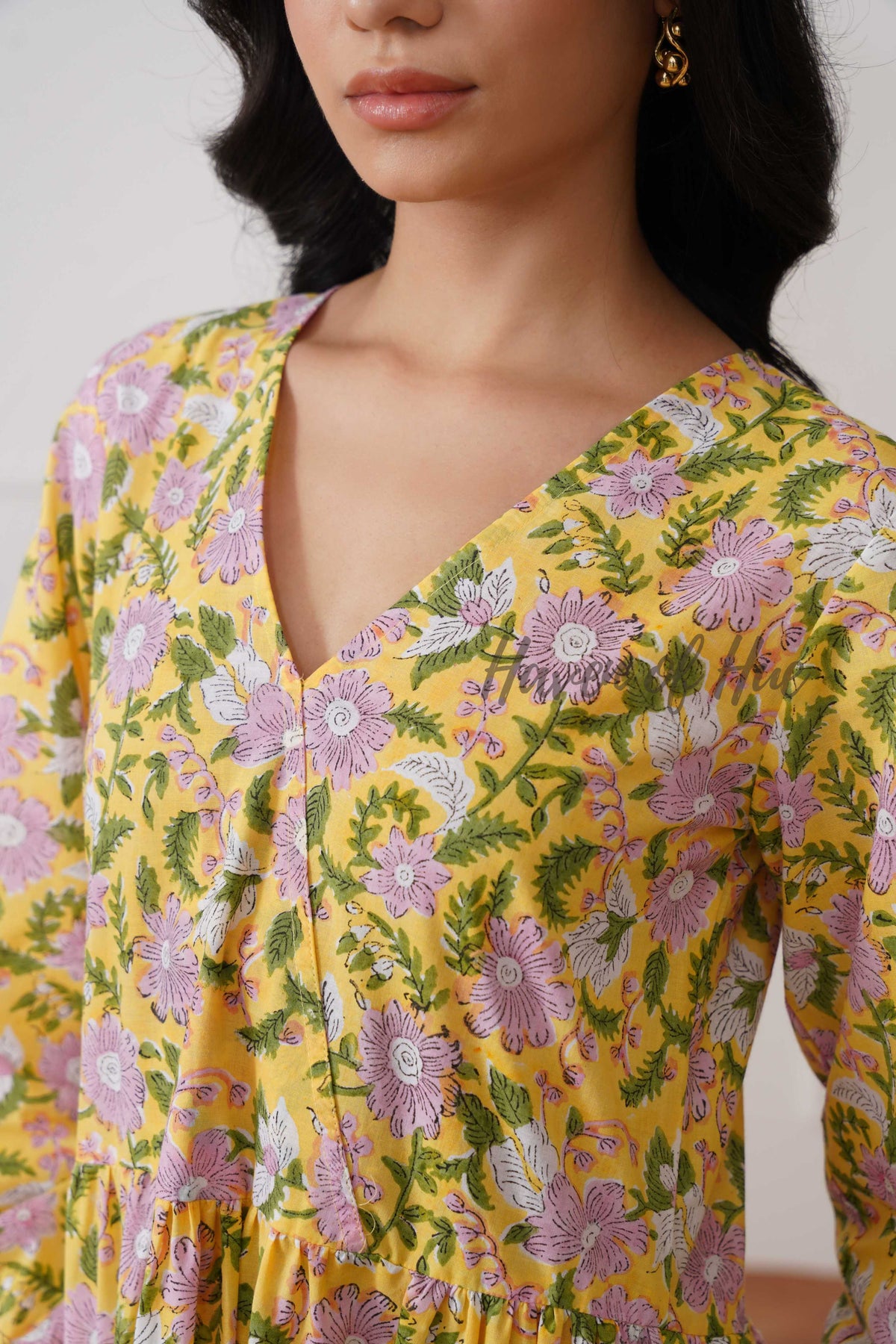 Yellow Floral Cotton Midi Dress - Boho Long Sleeve Cottagecore Dress
