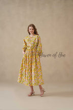 Yellow Cotton Tiered Dress Boho Floral Midi Style