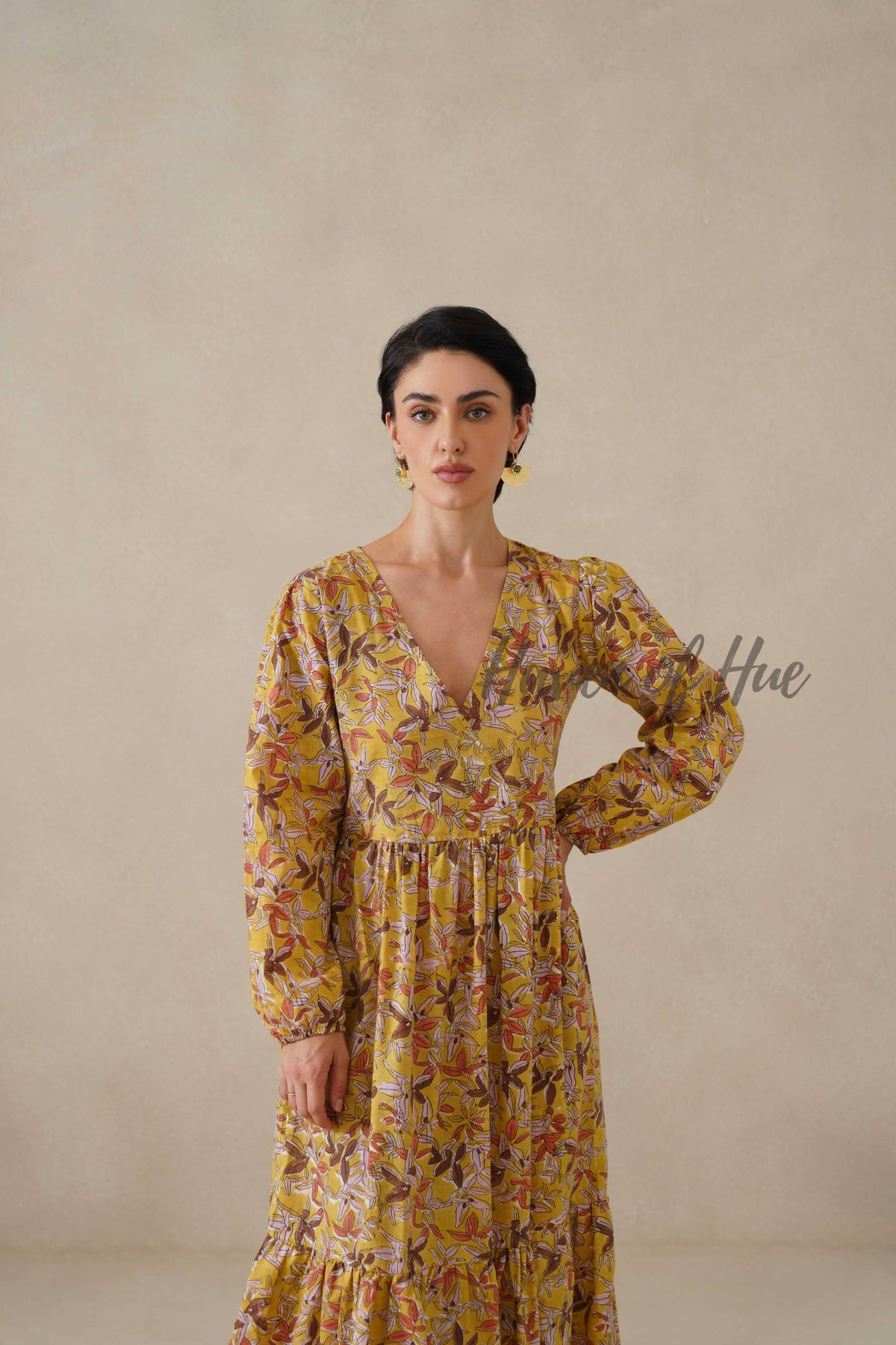 Yellow Floral Cotton Dress | Long Sleeve V-Neck Midi Dress