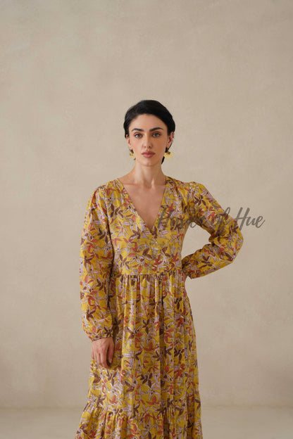 Yellow Floral Cotton Dress | Long Sleeve V-Neck Midi Dress