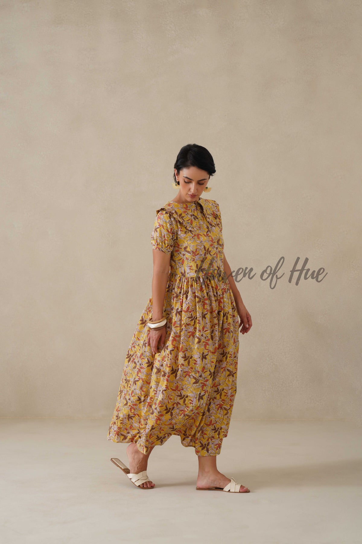 Yellow Floral Cotton Dress | Boho Summer Midi Dress for Women