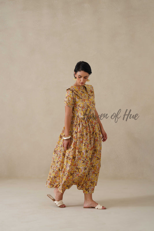 Yellow Floral Cotton Dress | Boho Summer Midi Dress for Women