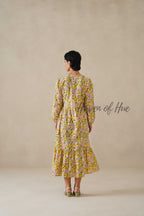 Cotton Midi Dress Summer Boho Floral Print, Yellow Block Print Sundress