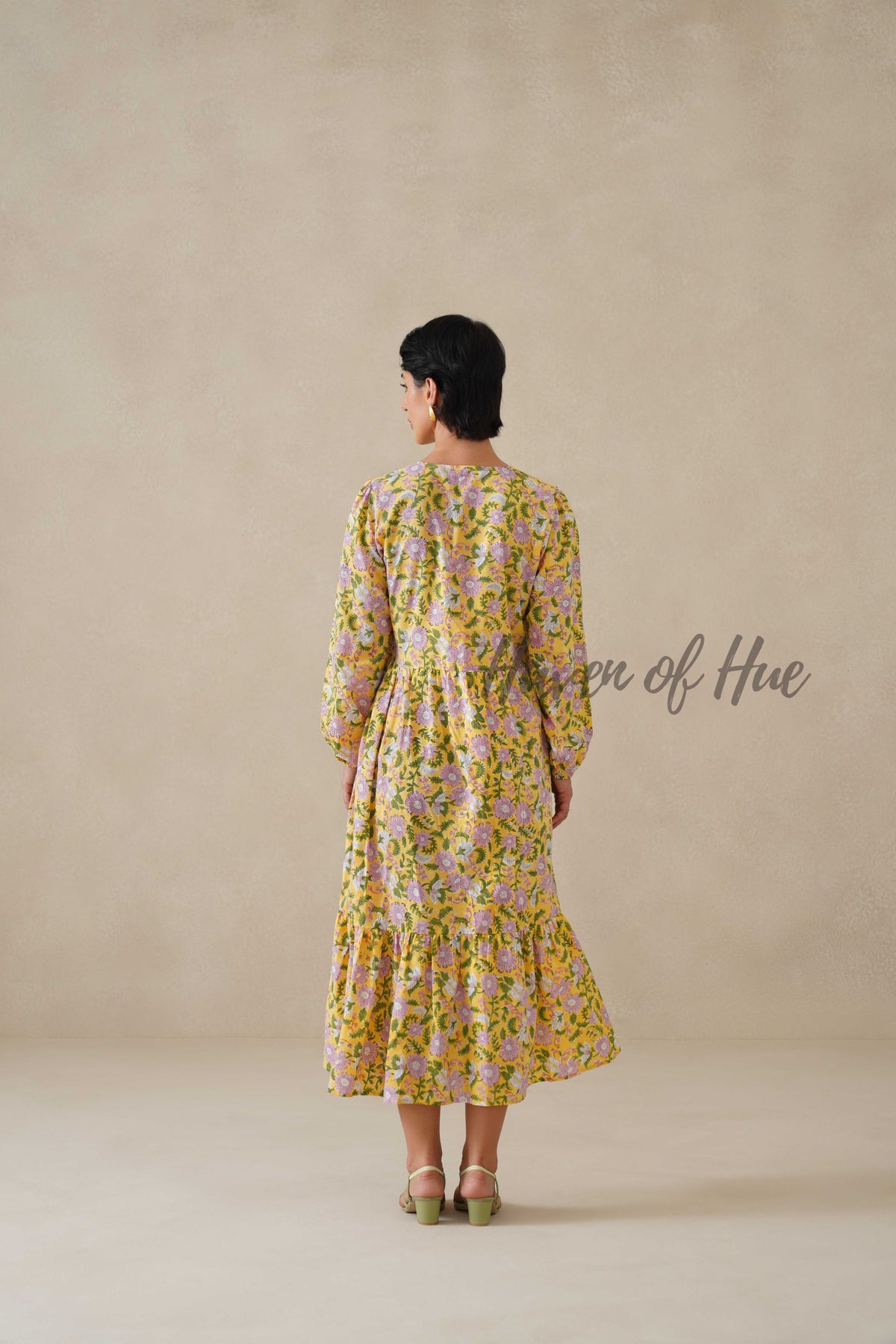 Cotton Midi Dress Summer Boho Floral Print, Yellow Block Print Sundress