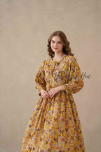 Yellow Floral Cotton Midi Dress with Long Sleeves