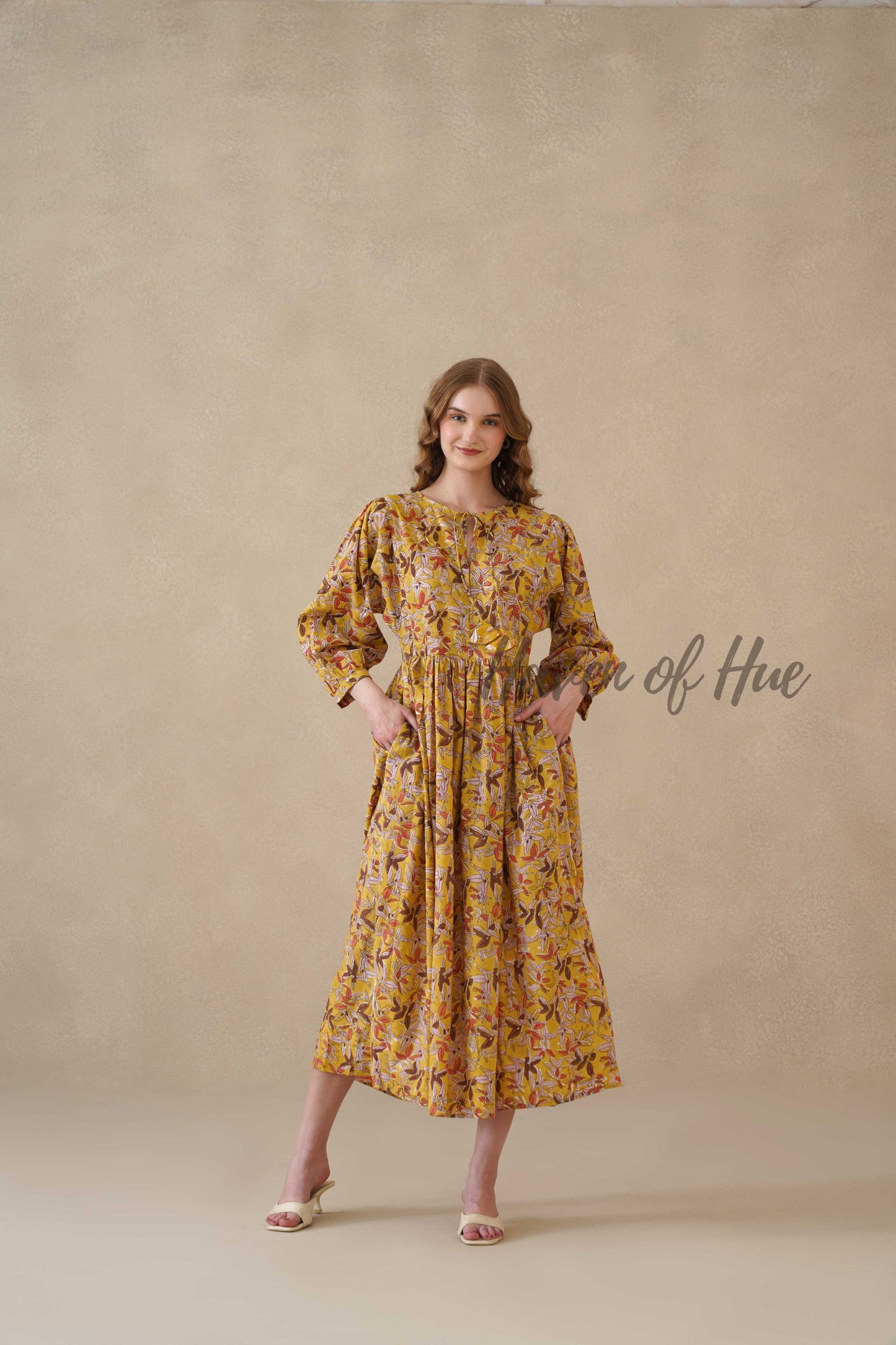 Yellow Floral Cotton Midi Dress with Long Sleeves