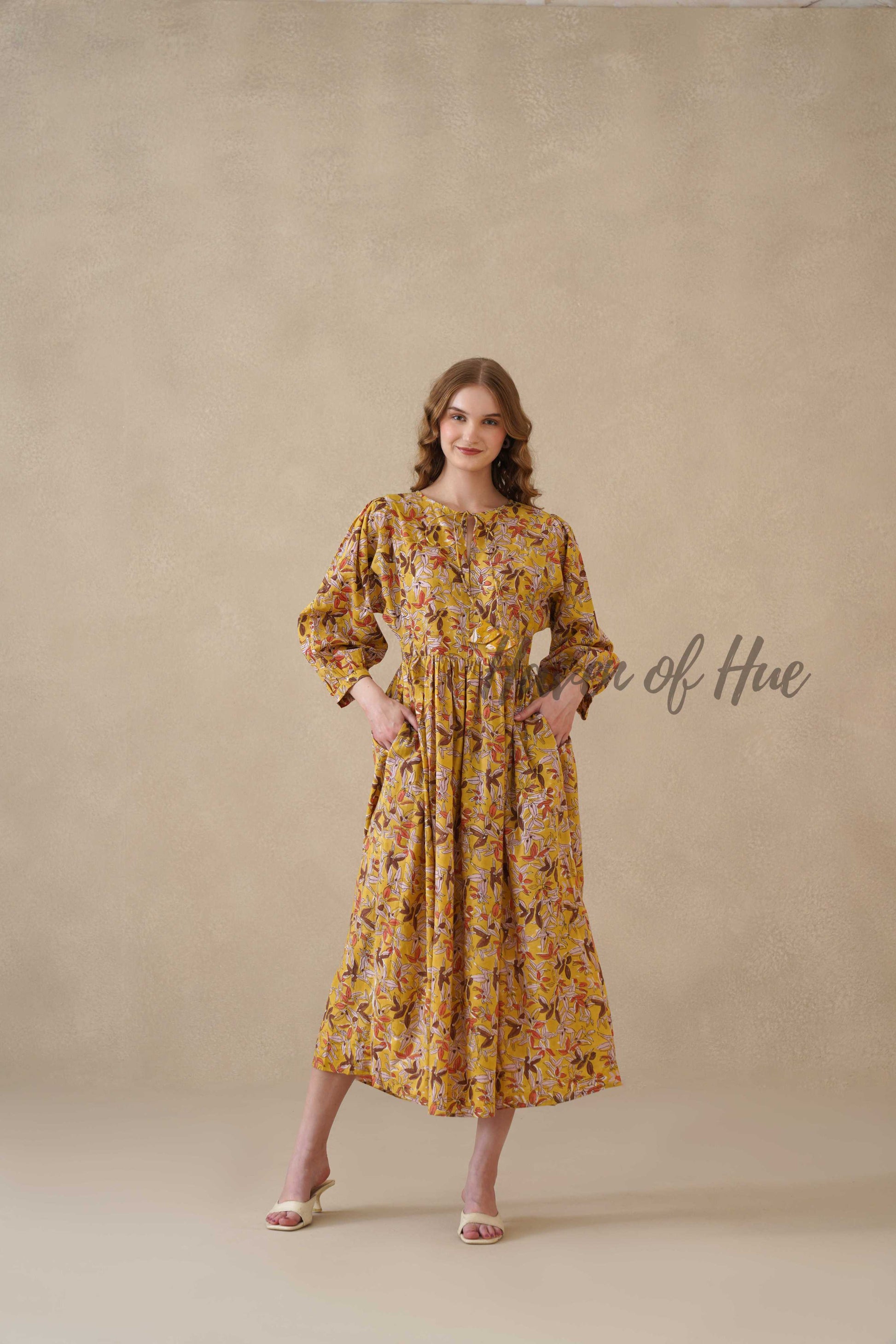 Yellow Floral Cotton Midi Dress with Long Sleeves