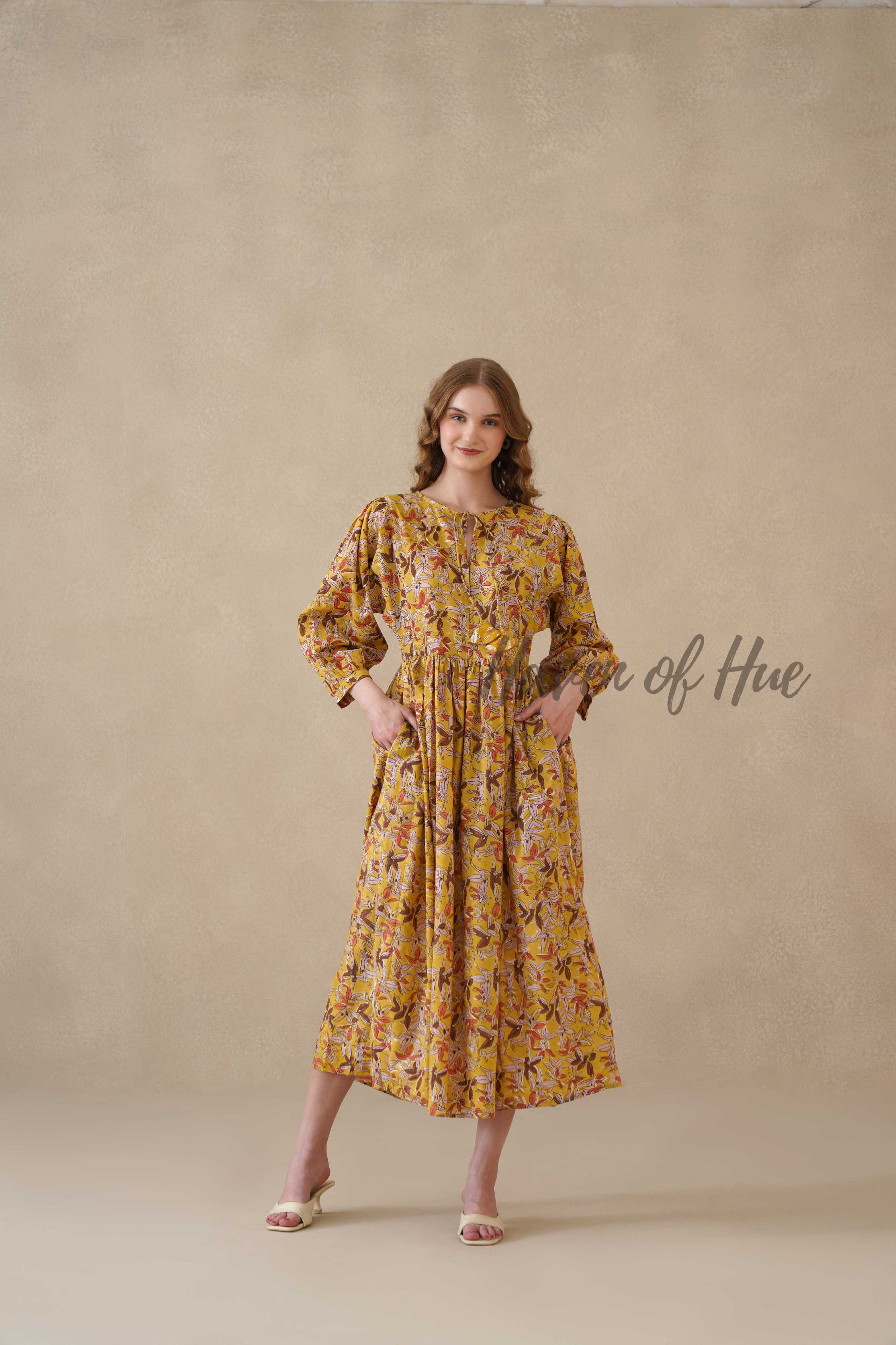 Yellow Floral Cotton Midi Dress with Long Sleeves