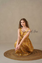 Yellow Floral Midi Dress Hand Block Print Cotton