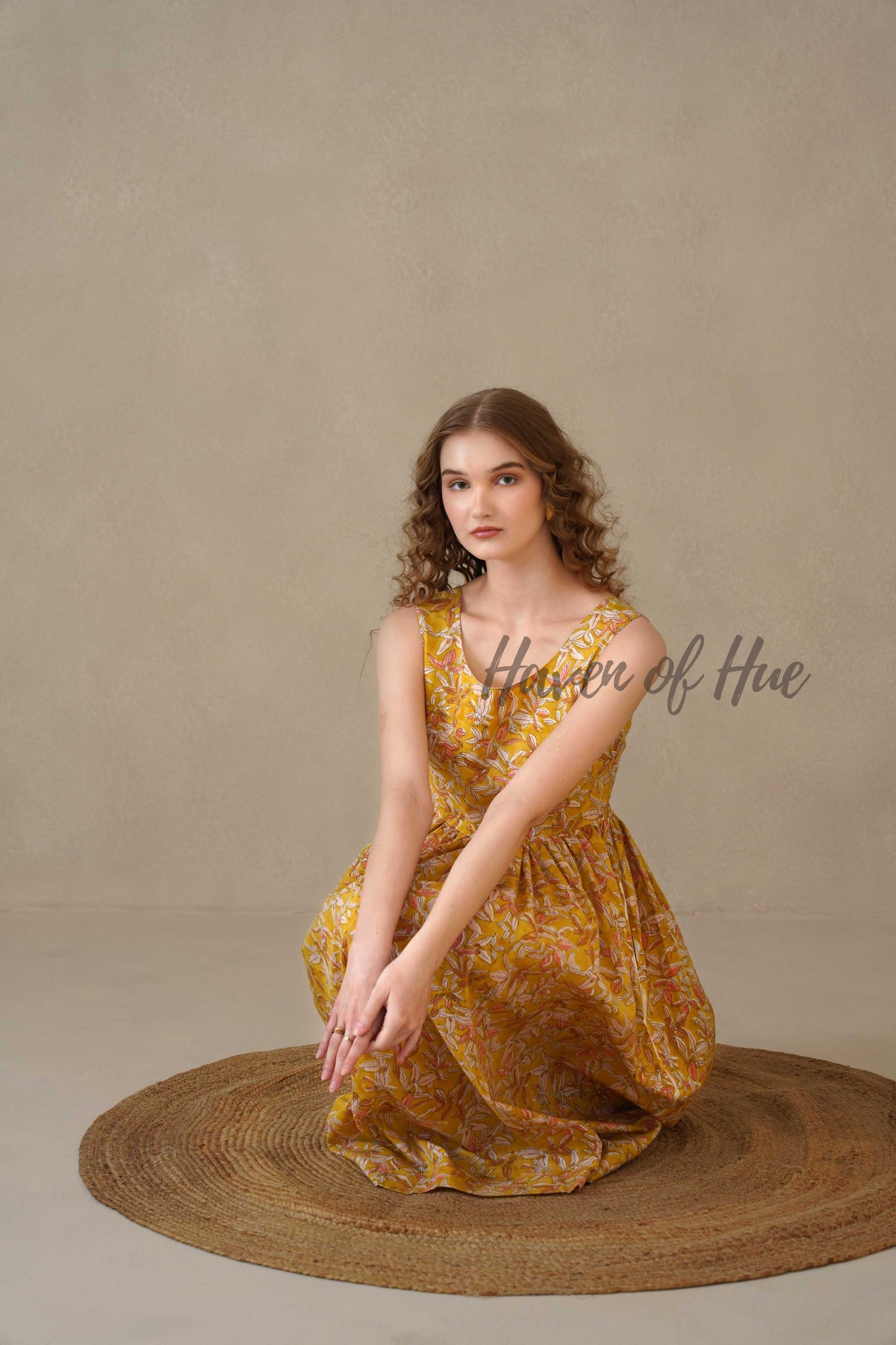 Yellow Floral Midi Dress Hand Block Print Cotton