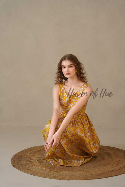 Yellow Floral Midi Dress Hand Block Print Cotton