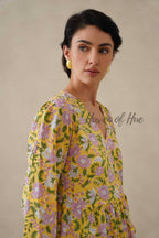 Cotton Midi Dress Summer Boho Floral Print, Yellow Block Print Sundress