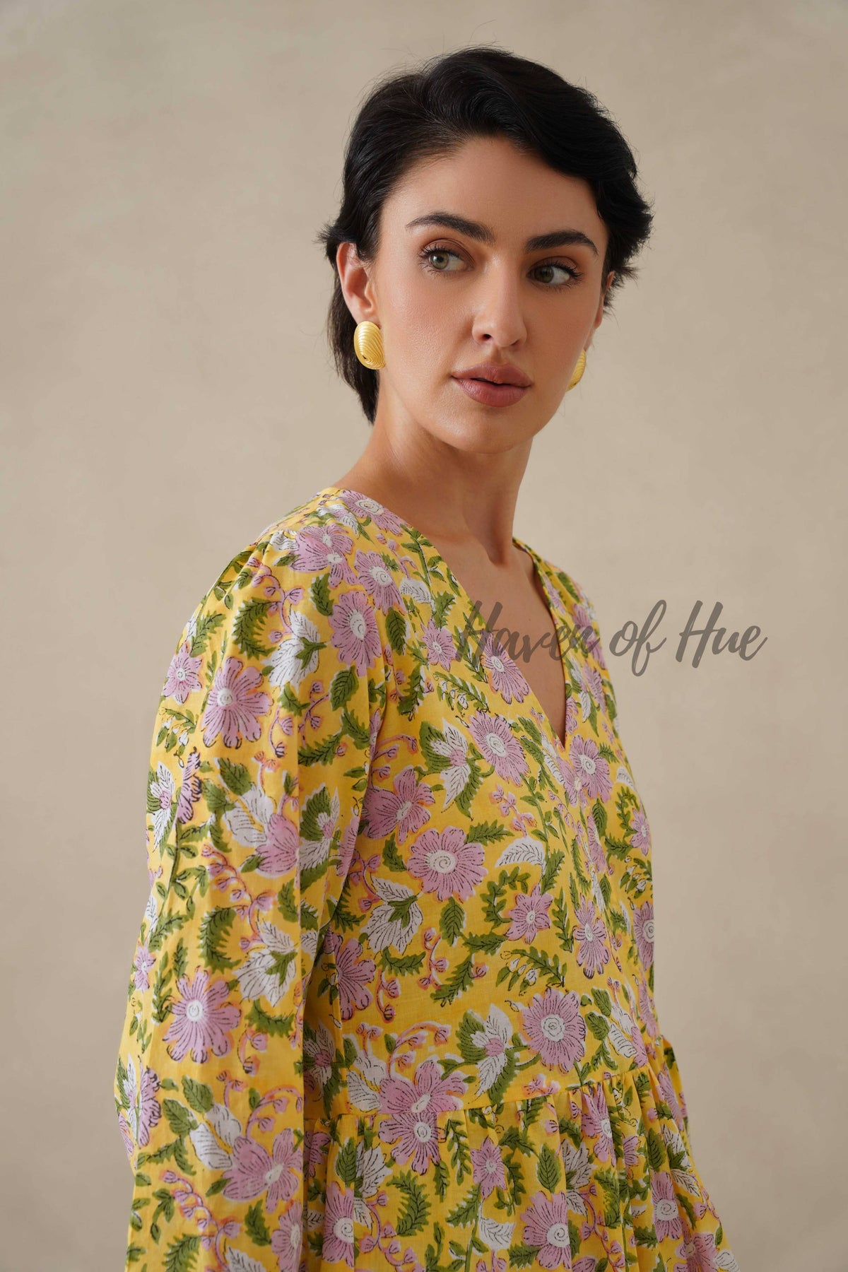 Cotton Midi Dress Summer Boho Floral Print, Yellow Block Print Sundress
