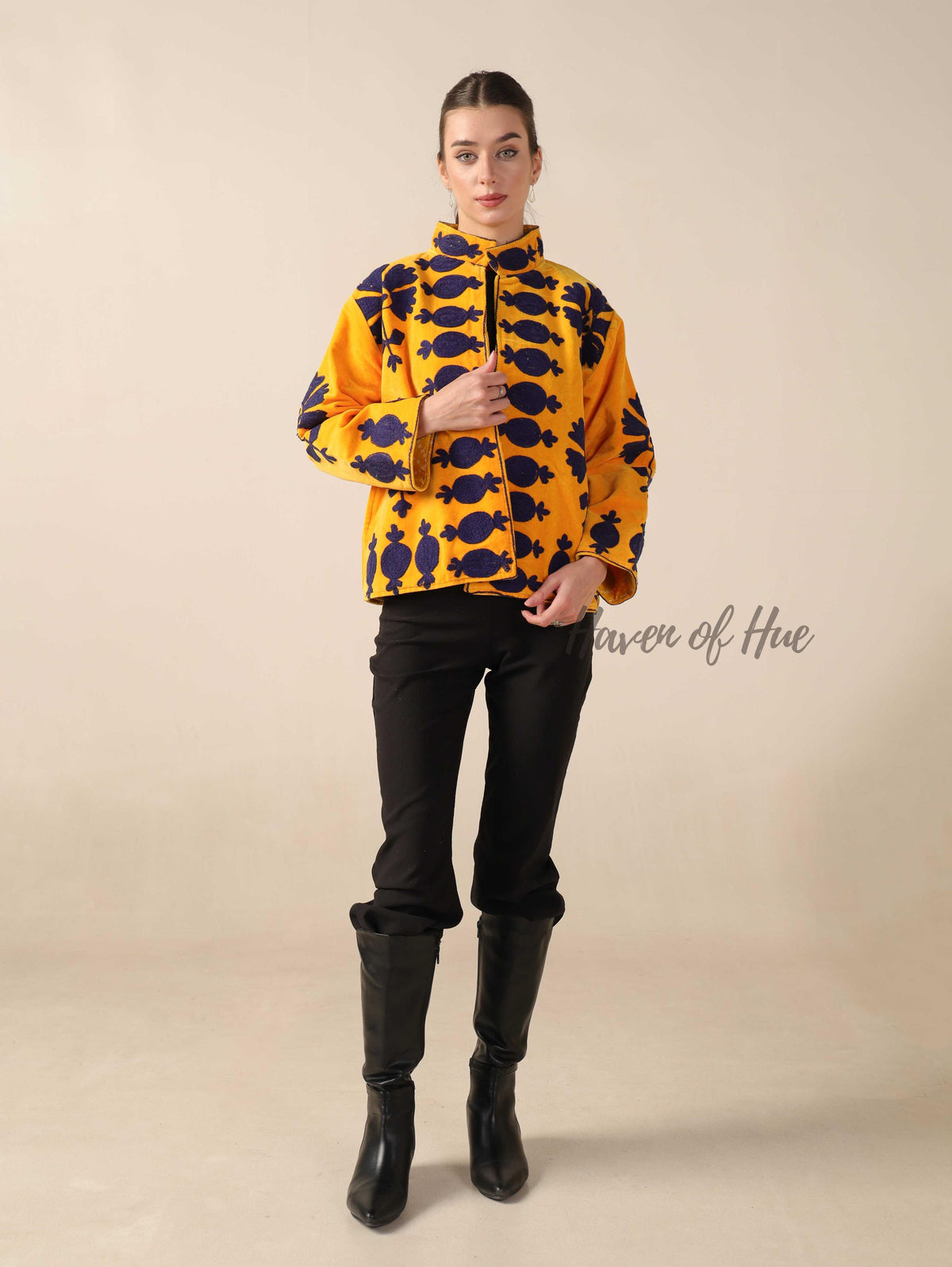 Women's Yellow Suzani Velvet Jacket Purple Pomegranate Embroidered Boho Coat