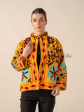 Women's Yellow Suzani Velvet Jacket Teal and Red Embroidered Boho Coat