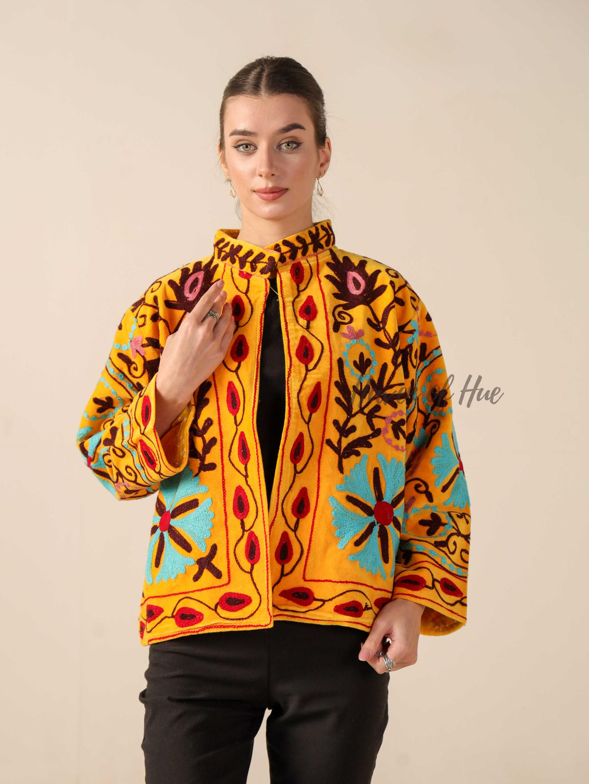 Women's Yellow Suzani Velvet Jacket Teal and Red Embroidered Boho Coat