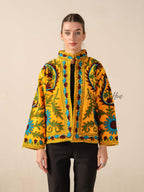 Women's Yellow Suzani Velvet Jacket Teal Floral Embroidered Boho Coat