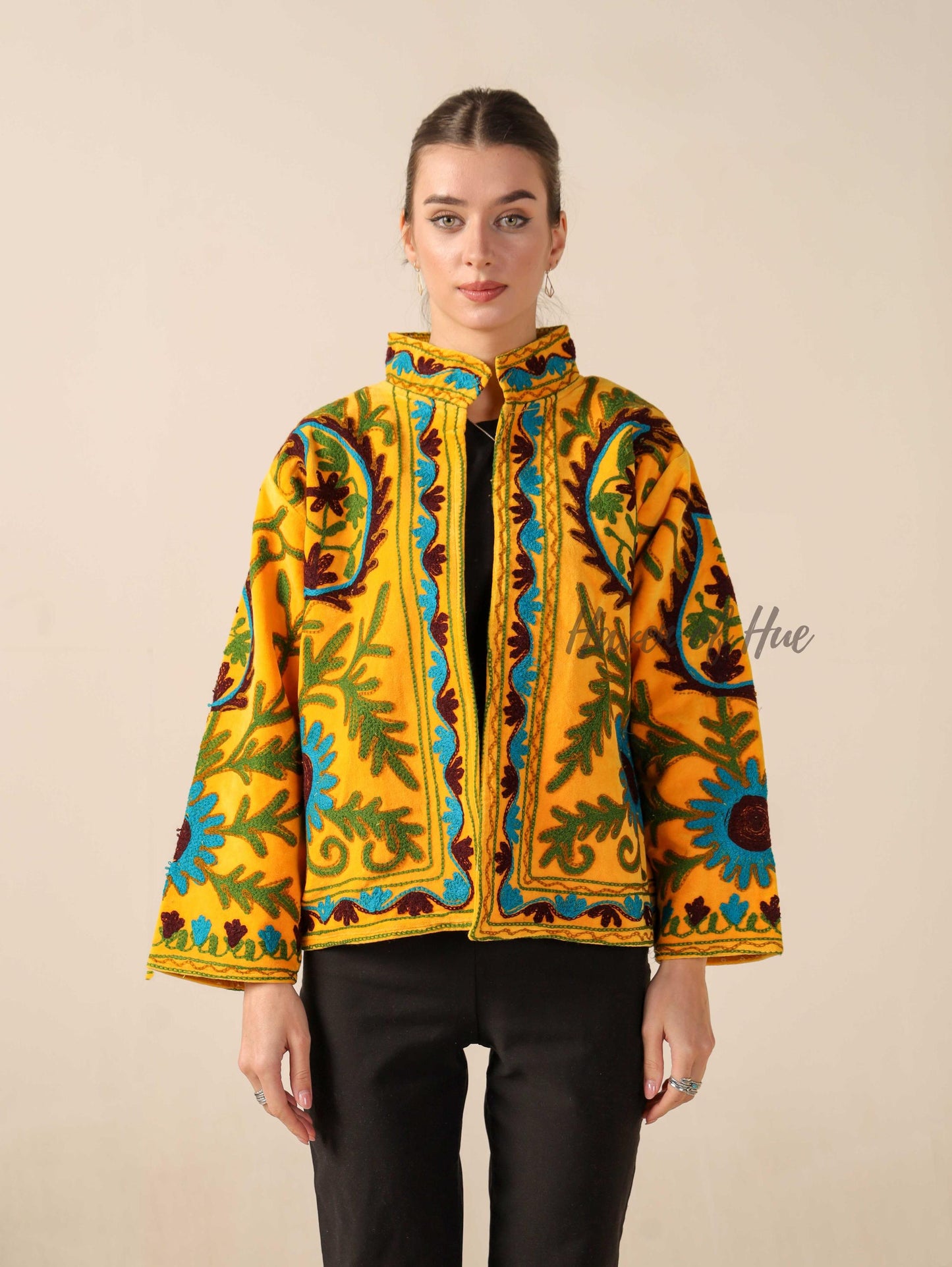 Women's Yellow Suzani Velvet Jacket Teal Floral Embroidered Boho Coat