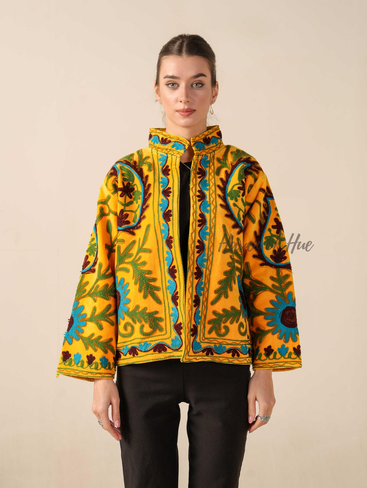 Women's Yellow Suzani Velvet Jacket Teal Floral Embroidered Boho Coat
