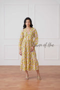 Yellow Floral Cotton Midi Dress - Boho Long Sleeve Cottagecore Dress