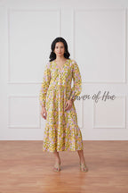 Yellow Floral Cotton Midi Dress - Boho Long Sleeve Cottagecore Dress