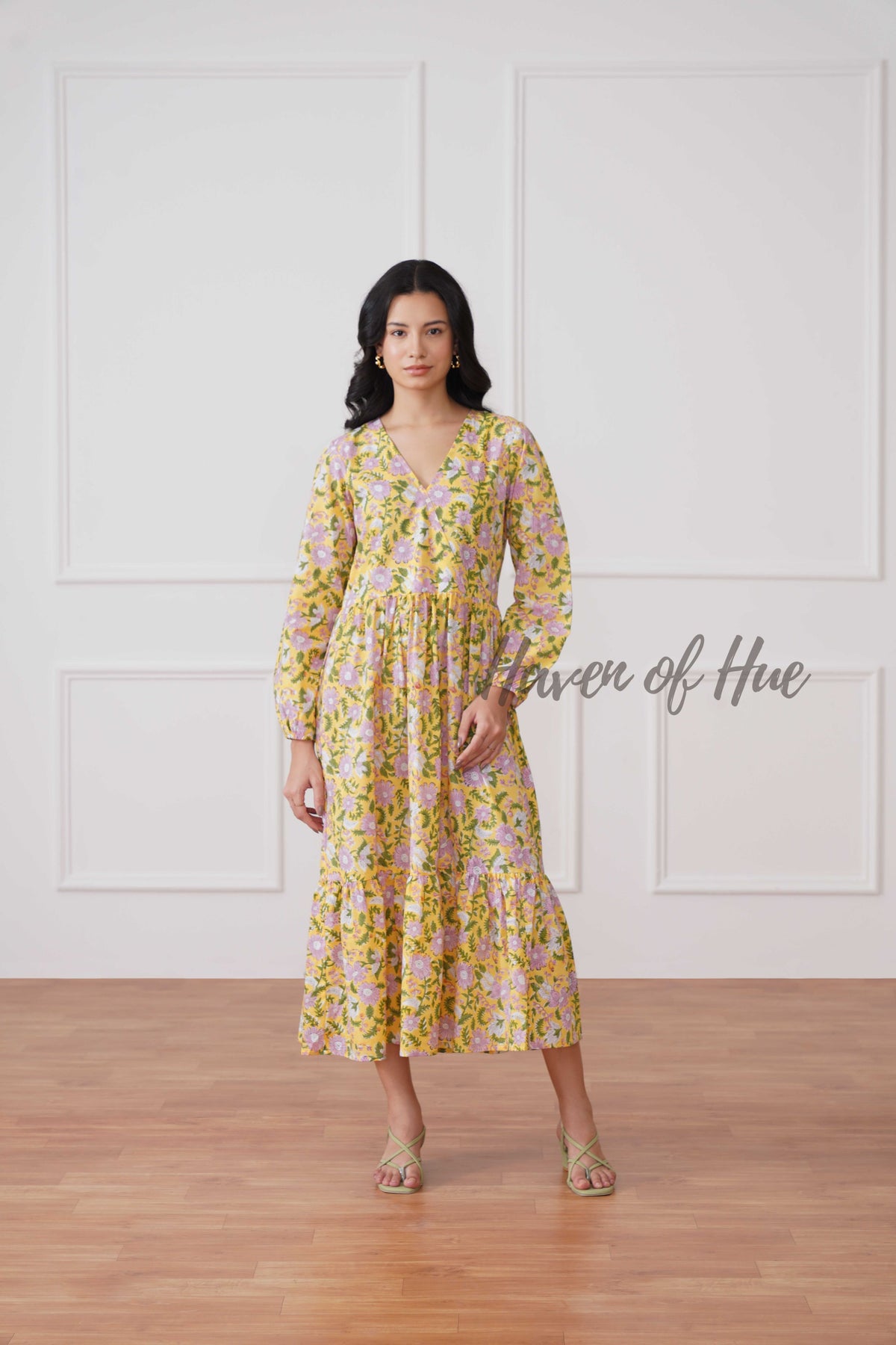 Yellow Floral Cotton Midi Dress - Boho Long Sleeve Cottagecore Dress