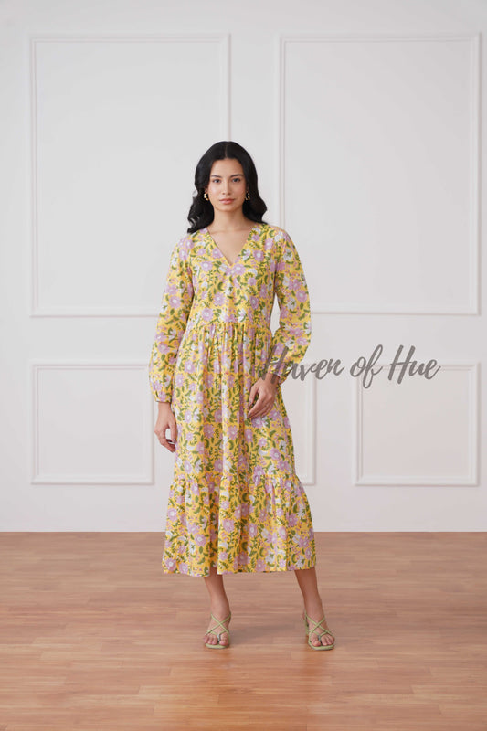 Yellow Floral Cotton Midi Dress - Boho Long Sleeve Cottagecore Dress